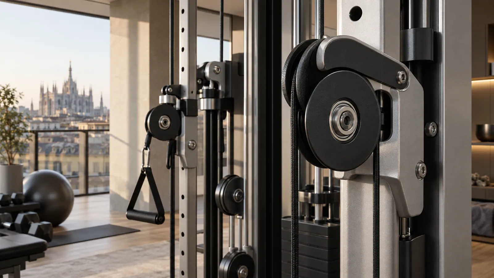Pulegge in alluminio e nylon tecnico vicino a un rack con cavi