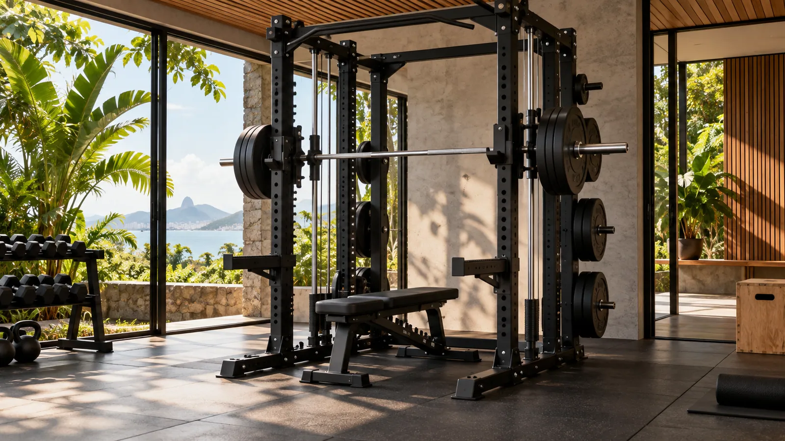 Carro de Smith machine com guias paralelas e mancais lineares