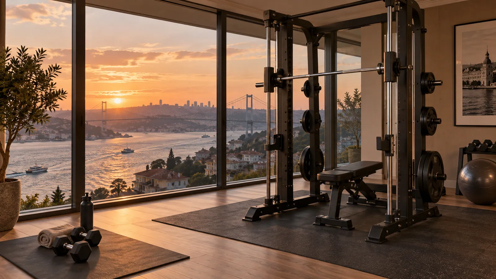 Paralel kılavuz miller ve lineer rulman yuvaları olan Smith machine arabası