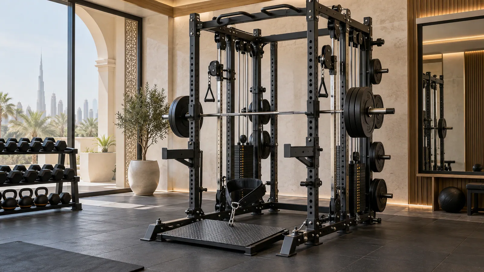 كابل سفلي يمر عموديًا عبر منصة Belt Squat داخل Rack متعدد الوظائف