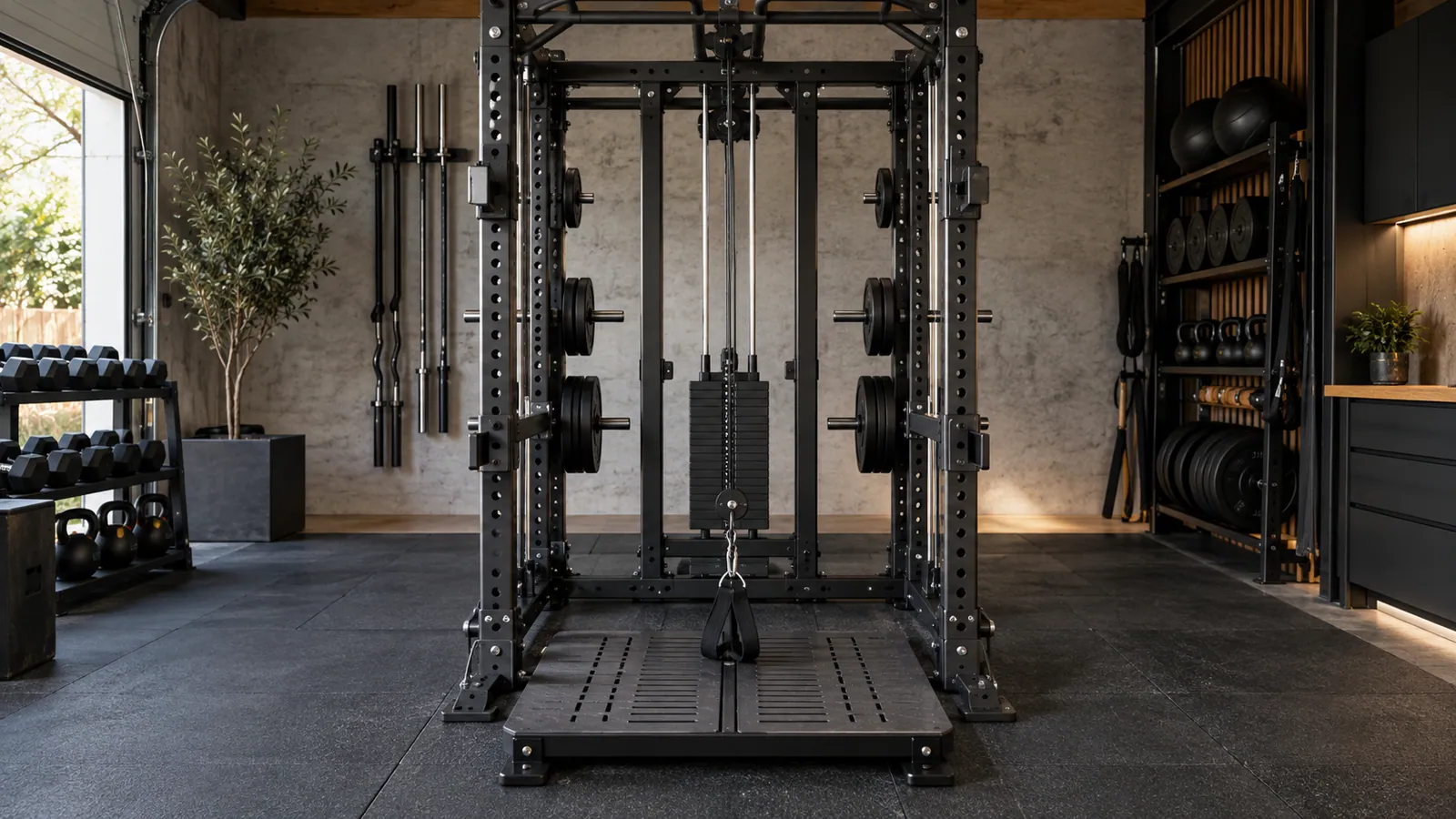 Unteres Kabel durch eine kompakte Belt-Squat-Plattform in einem Multifunktionsrack