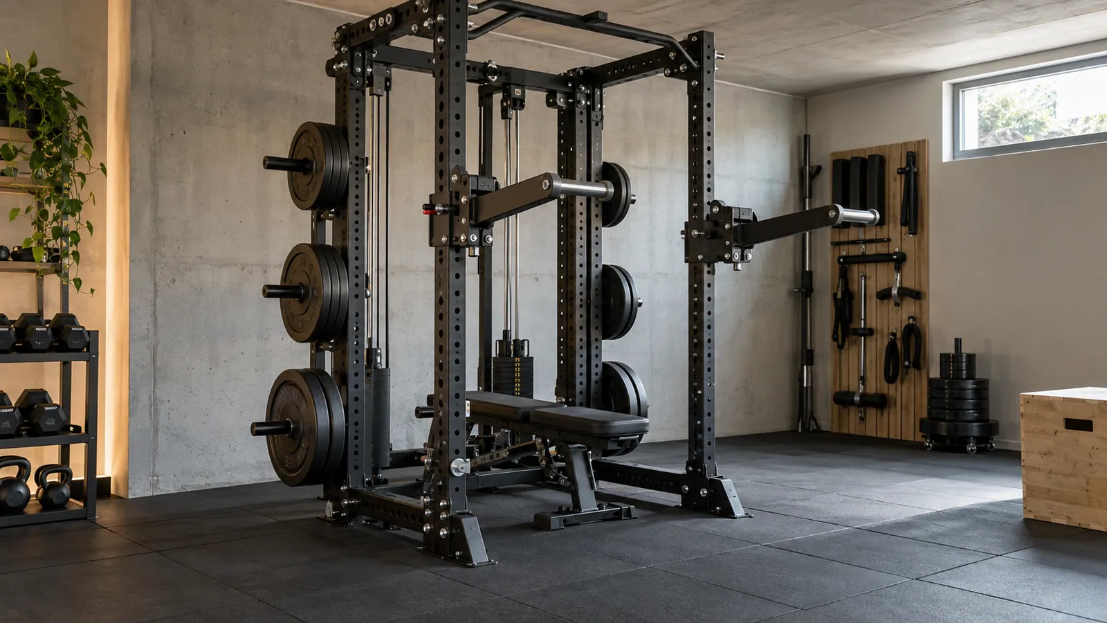 Verstellbare Jammer Arms an den Pfosten eines multifunktionellen Homegym-Racks