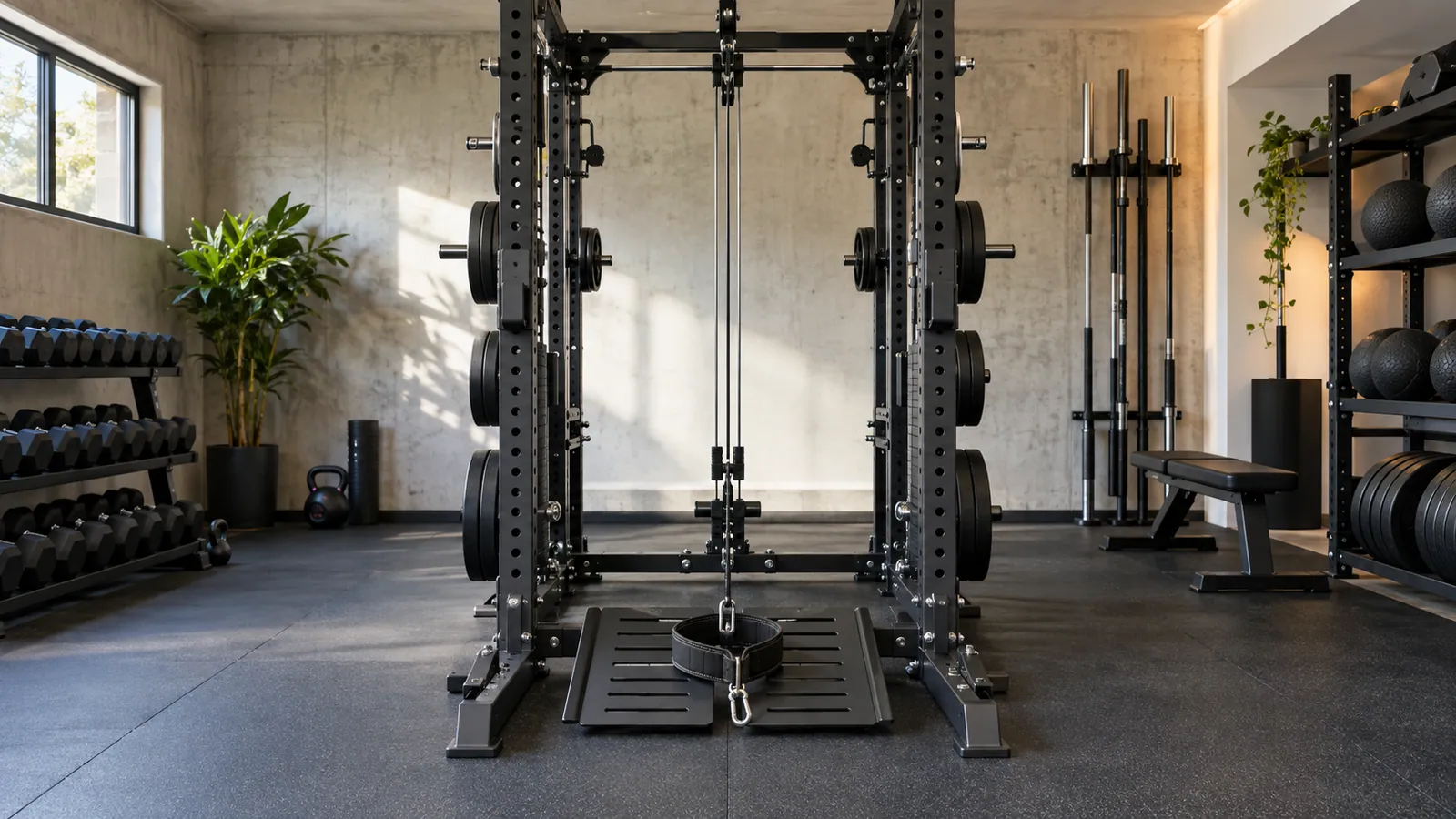 Low cable routed vertically through a compact belt squat platform inside an all-in-one rack