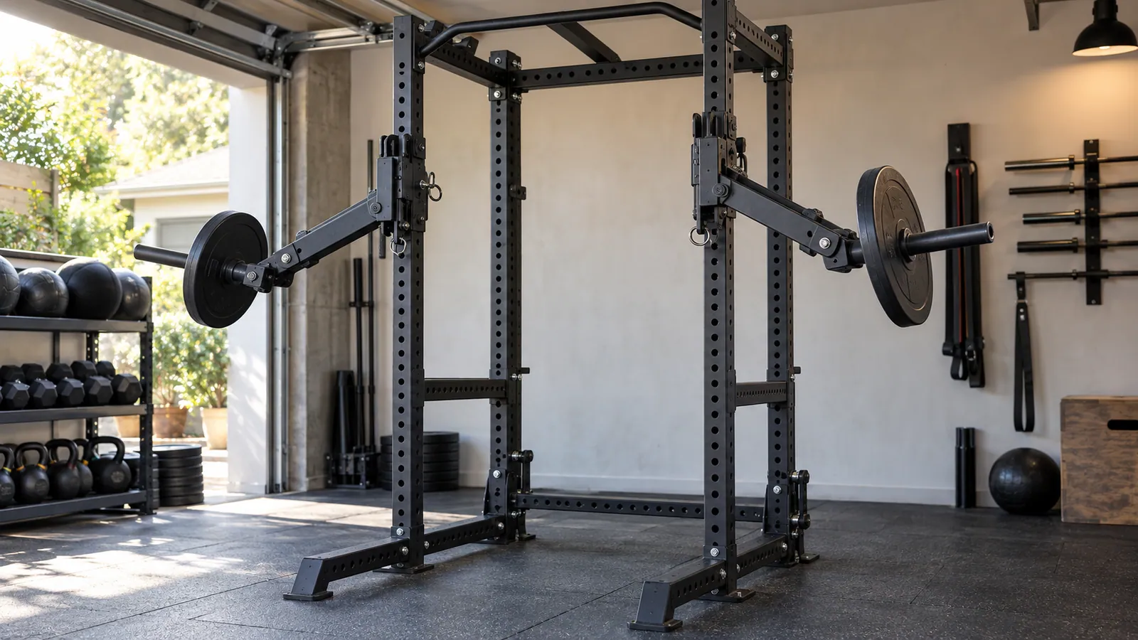 Adjustable jammer arms mounted on the uprights of a multifunctional home gym rack