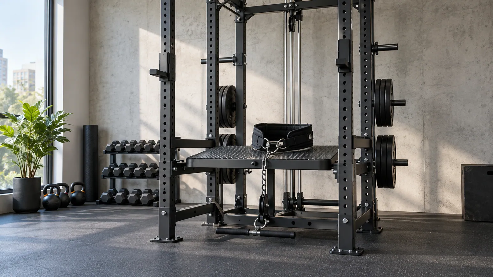 Cable bajo centrado bajo una plataforma compacta de belt squat dentro de un rack