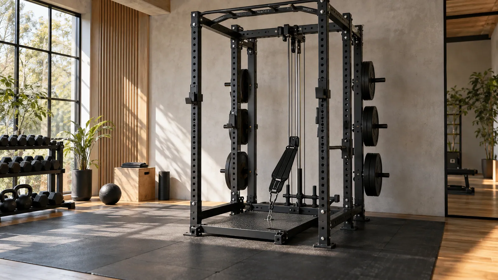 Câble bas centré sous une plateforme de belt squat compacte dans un rack