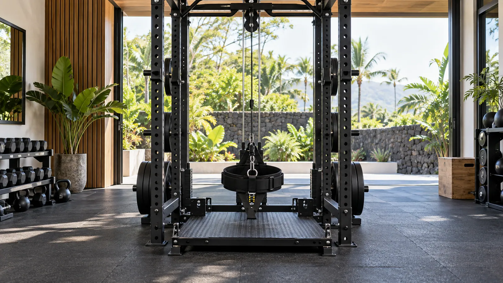 Kabel bawah melewati platform belt squat ringkas di dalam rack multifungsi