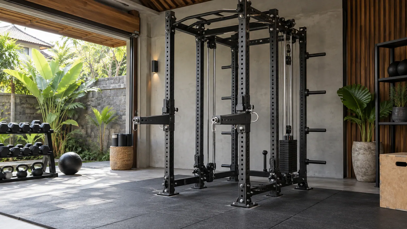 Sepasang jammer arm yang dapat disetel pada upright rack multifungsi di home gym