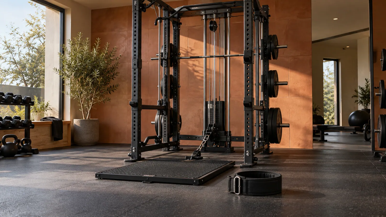 Cavo basso centrato sotto una pedana belt squat compatta dentro un rack