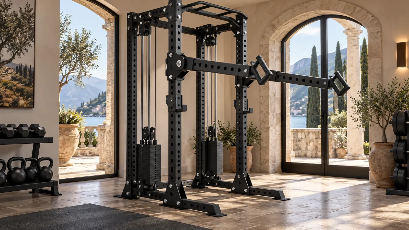 Bracci jammer regolabili montati sui montanti di un rack multifunzione domestico