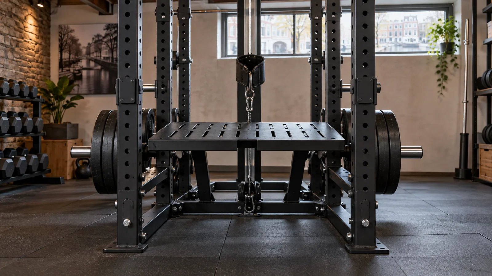 Lage kabel die door een compact belt-squatplatform in een multifunctioneel rack loopt