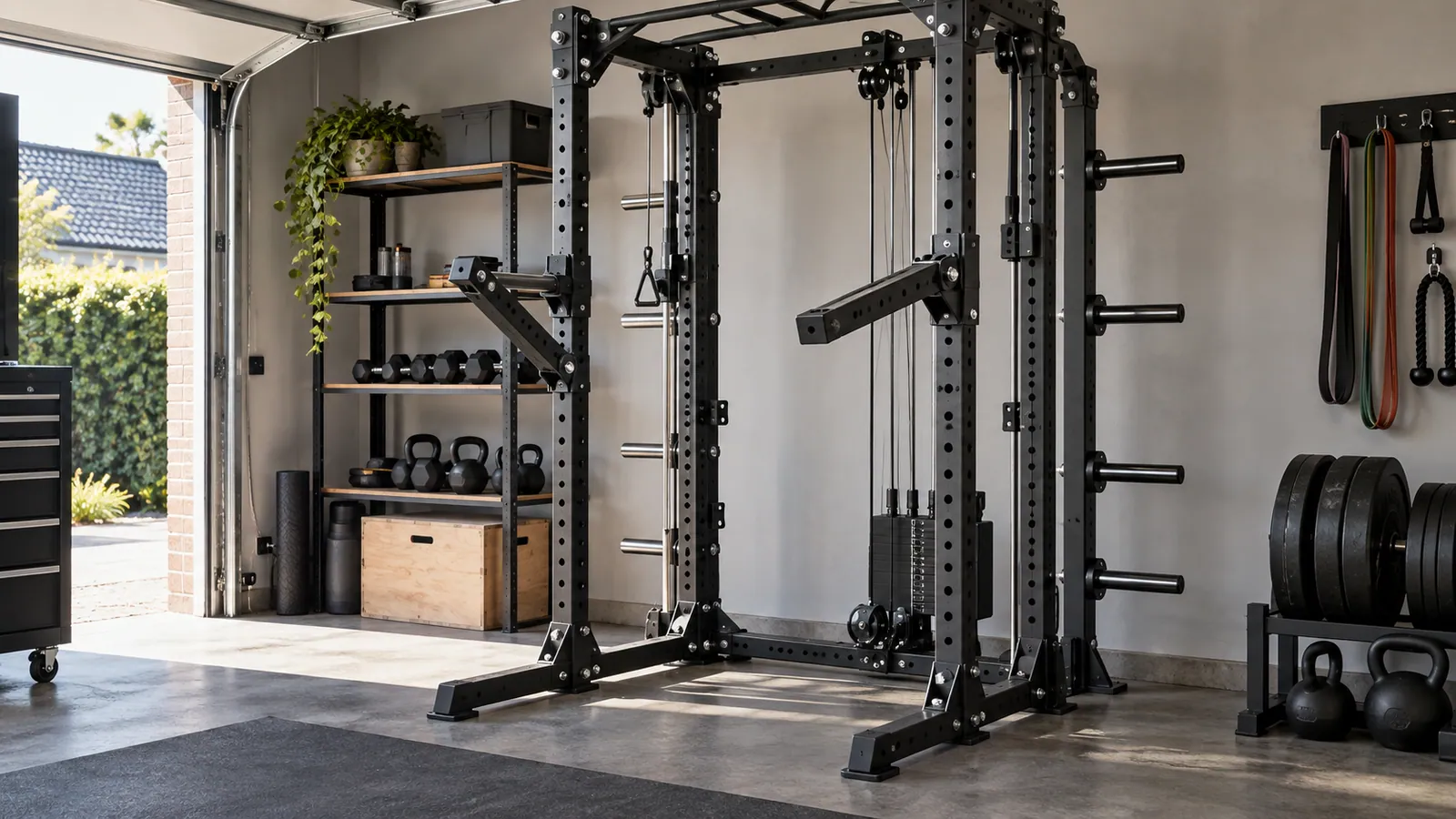 Verstelbare jammer arms op de staanders van een multifunctioneel thuisrack