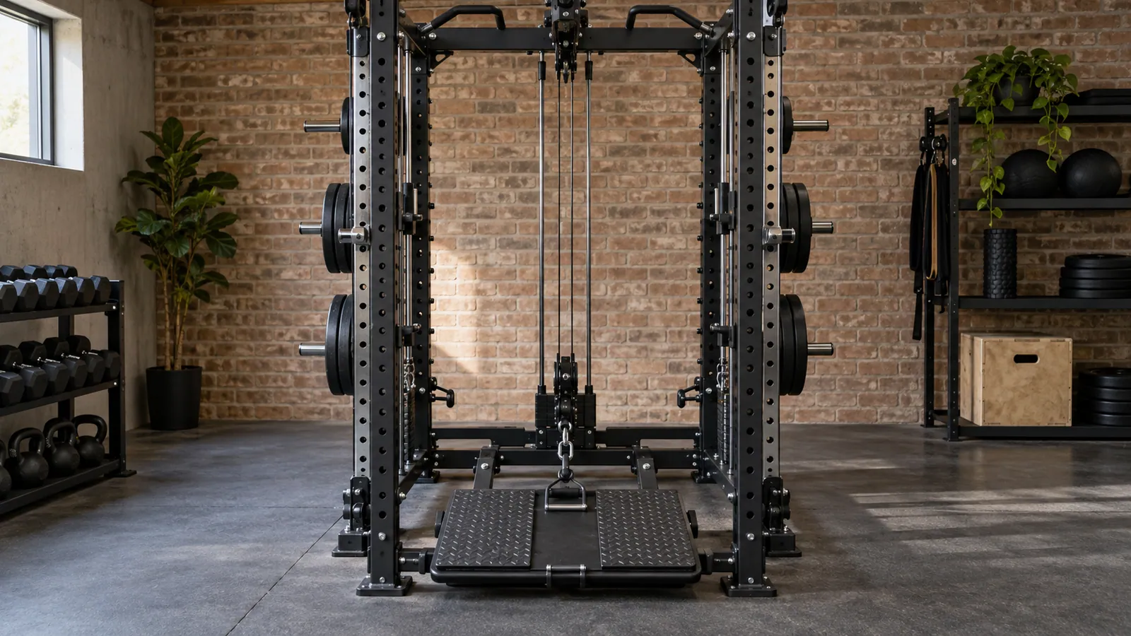 Dolna linka przechodząca pionowo przez platformę belt squat wewnątrz racka