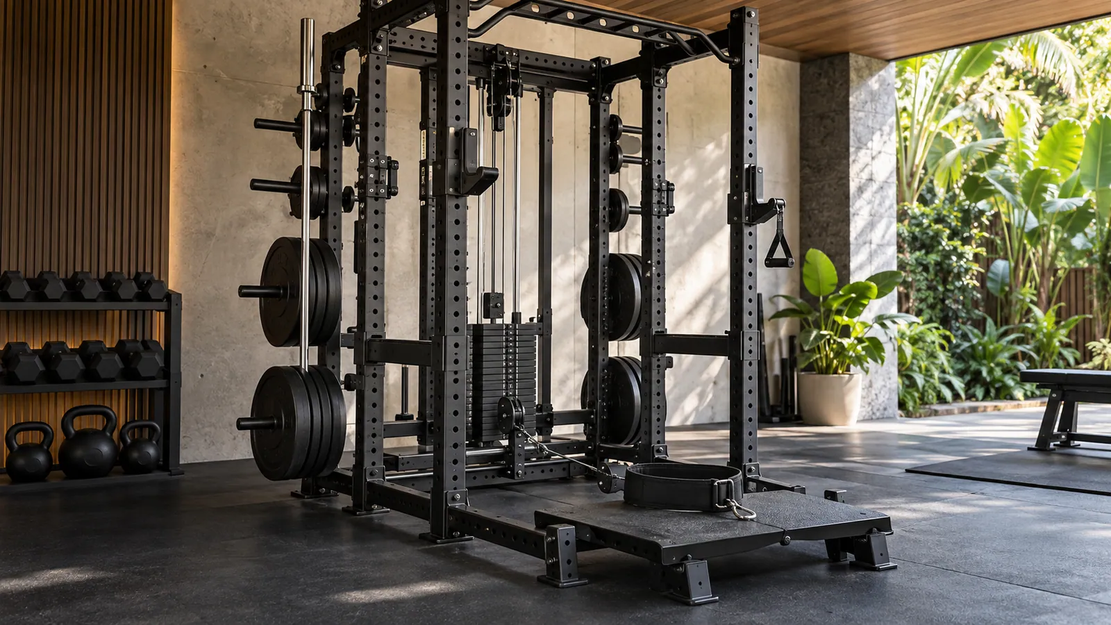 Plataforma compacta de belt squat alinhada à polia baixa de rack multifuncional