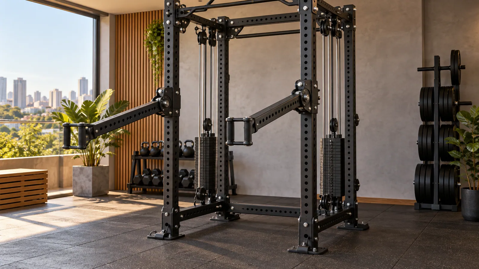 Braços de alavanca ajustáveis instalados nos montantes de rack multifuncional