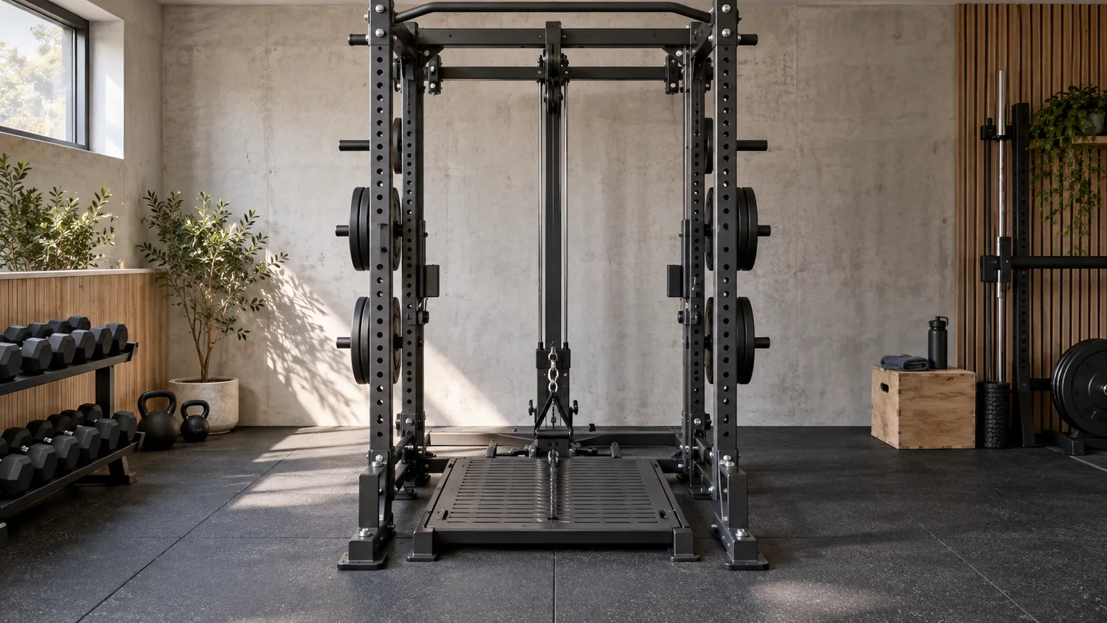 Låg kabel genom en kompakt belt-squatplattform inne i ett multifunktionellt rack