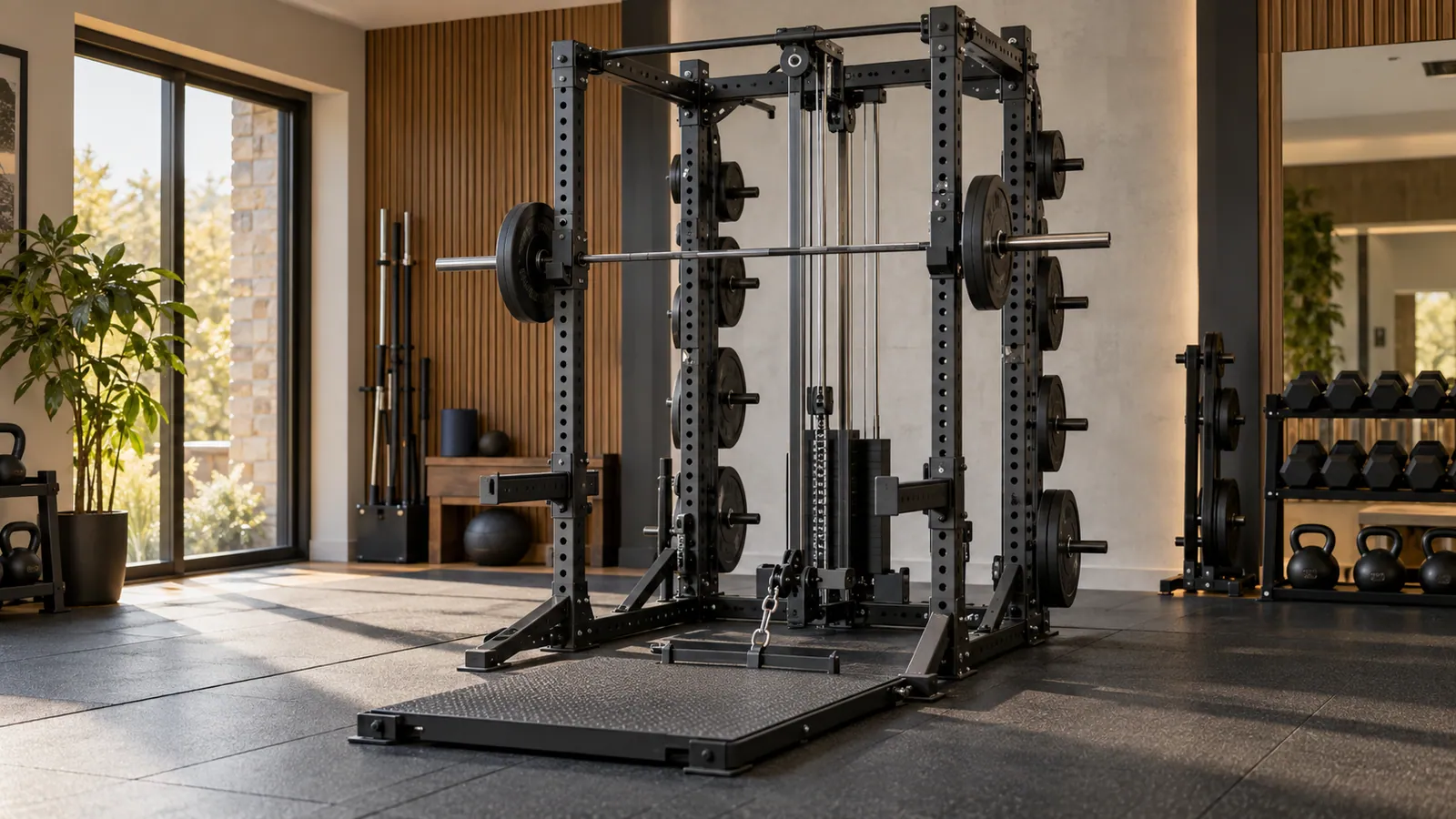Çok işlevli rack içinde kompakt belt squat platformundan geçen alt kablo