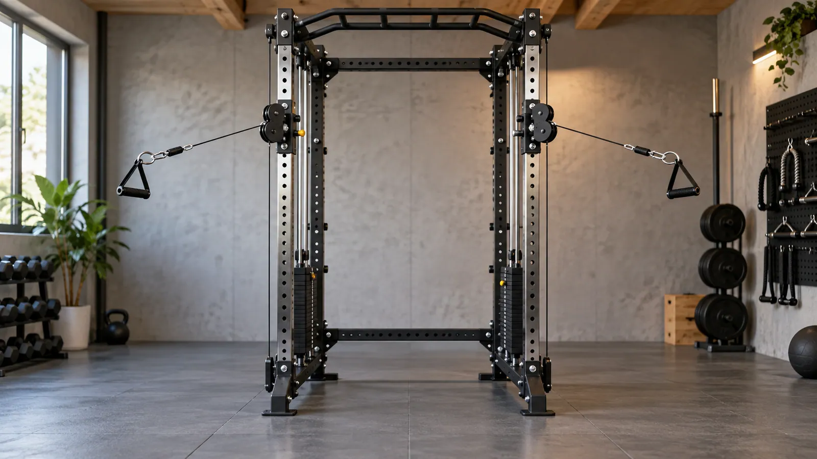 Multifunktionsrack mit zwei drehbaren Kabelrollen und freier Trainingsfläche für Flys