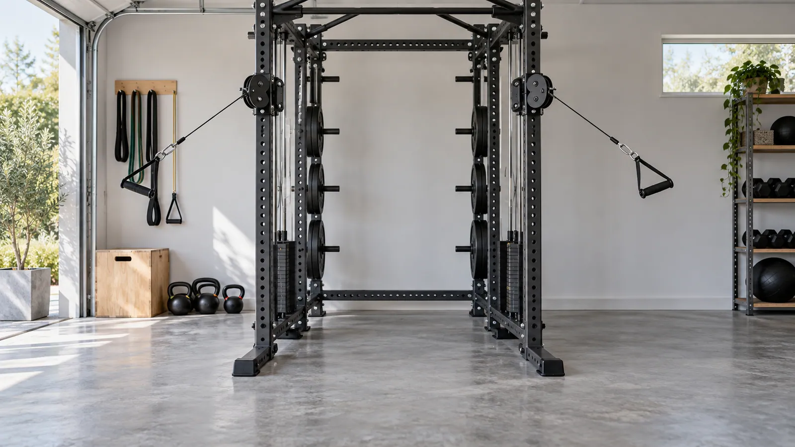 Athlete-free multifunctional rack showing two swivel cable pulleys and a wide clear training zone