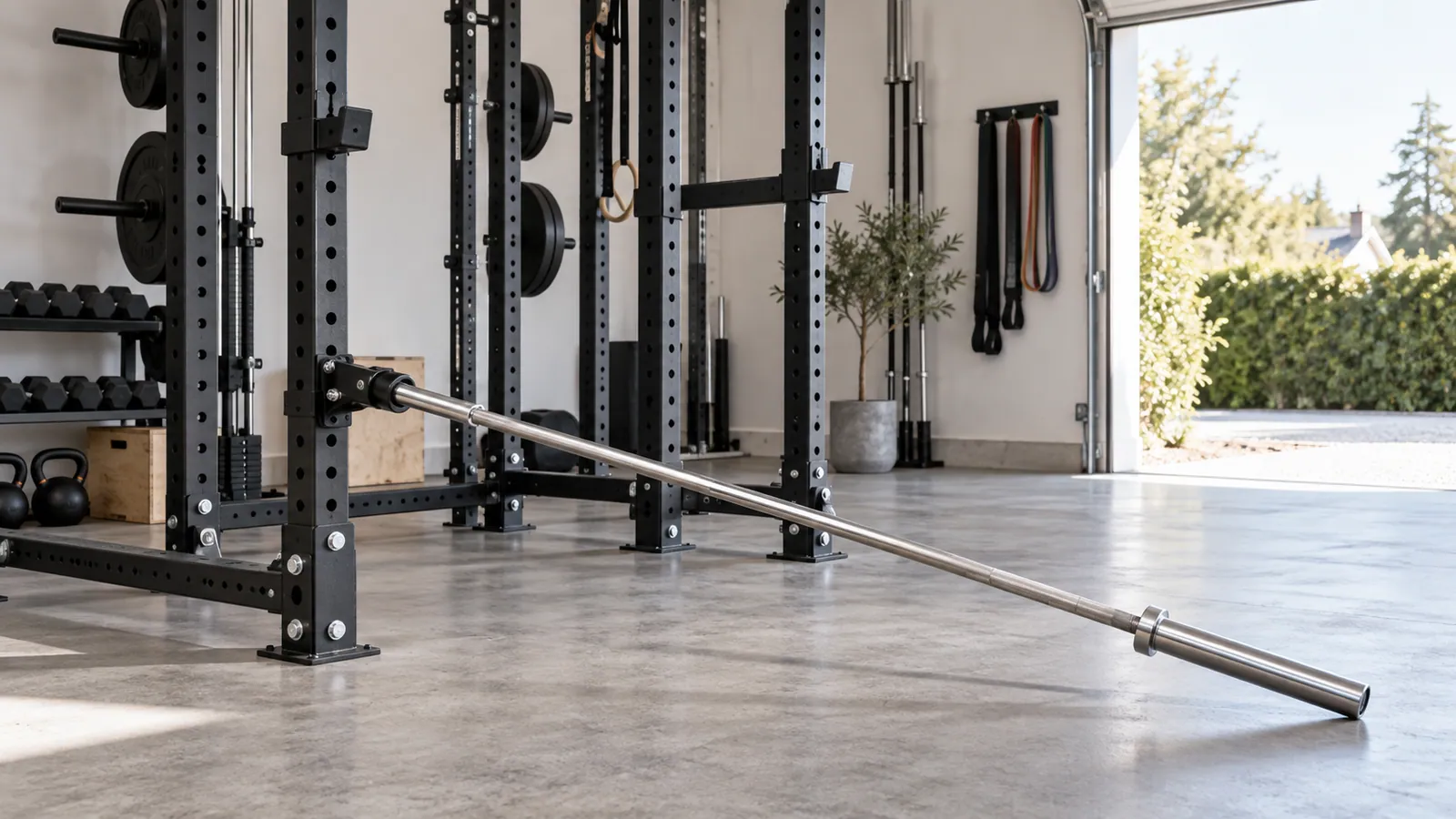 Rack-mounted landmine fixed low on a multifunctional power rack with a clear barbell sweep