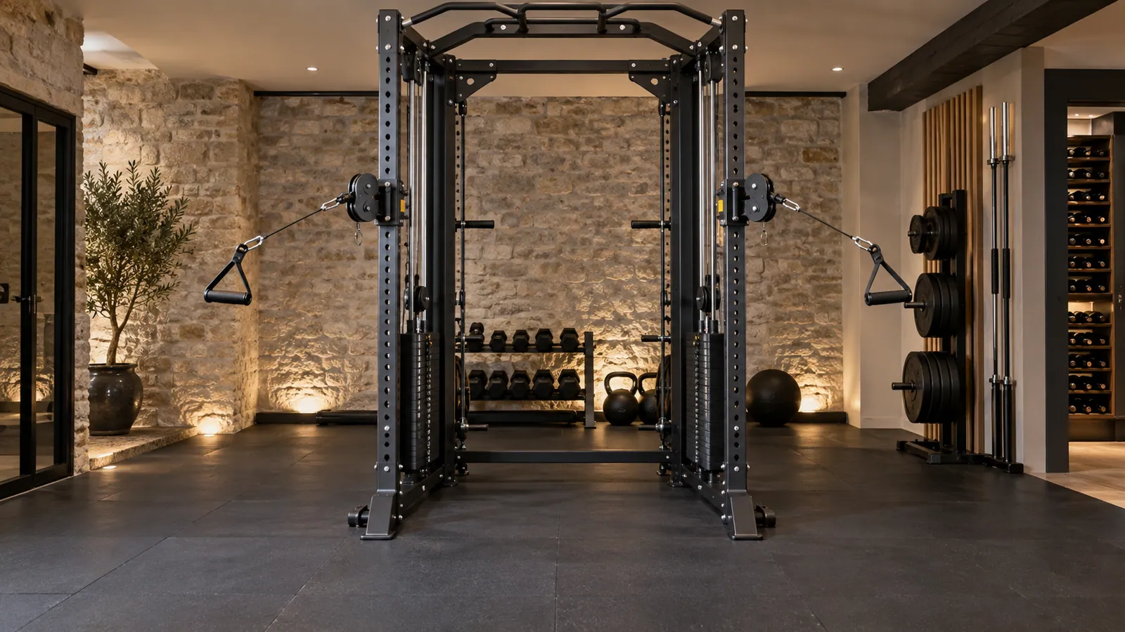 Rack multifonction avec deux poulies orientables face à une zone dégagée pour les écartés