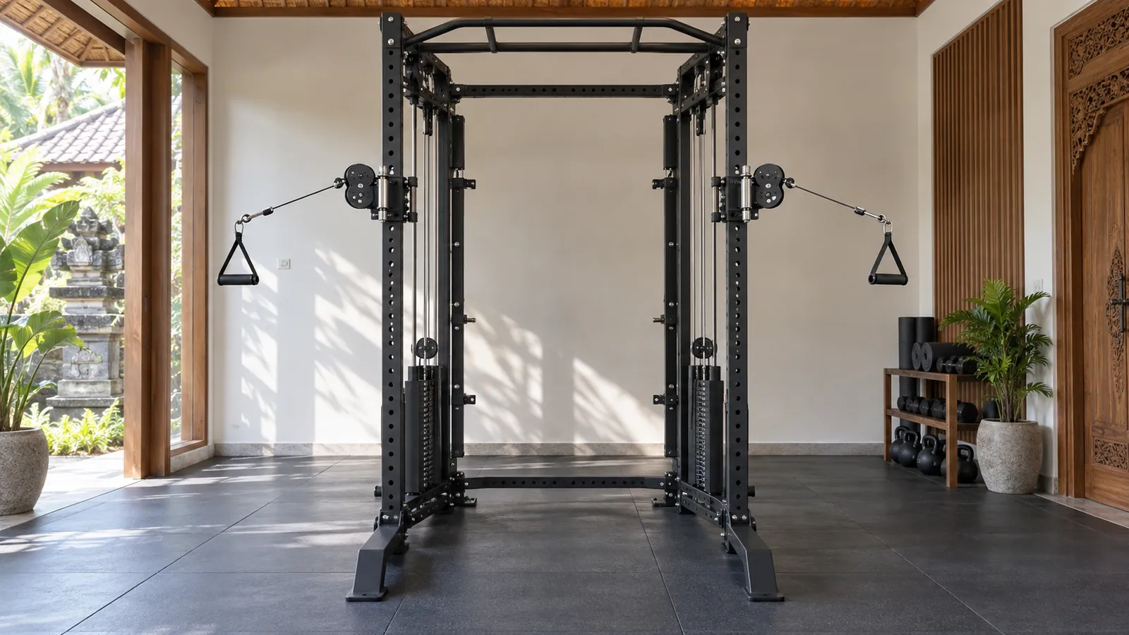 Rack multifungsi dengan dua pulley putar dan area depan luas untuk cable fly