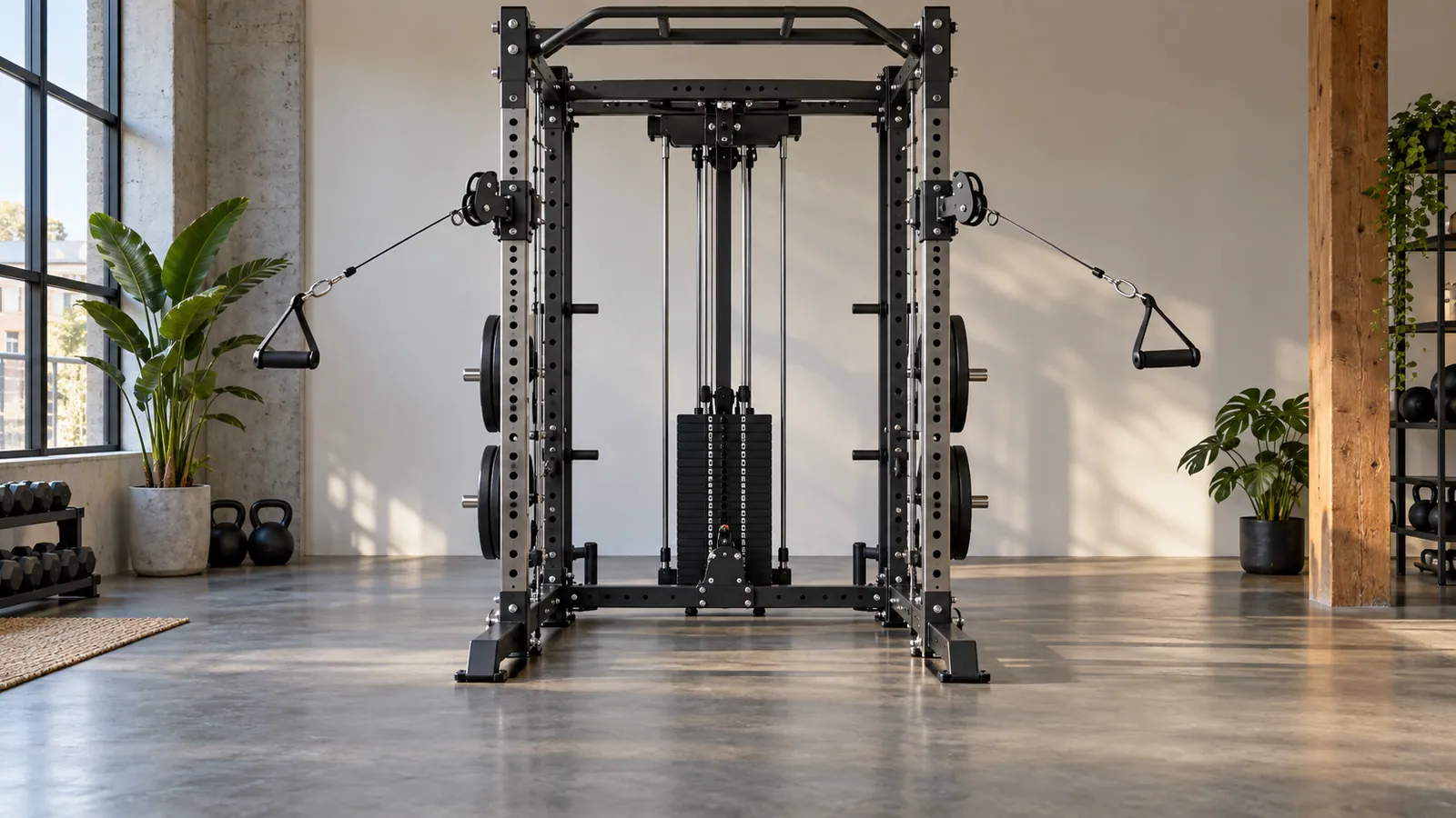 Multifunctioneel rack met twee draaibare katrollen en vrije ruimte voor cable flyes