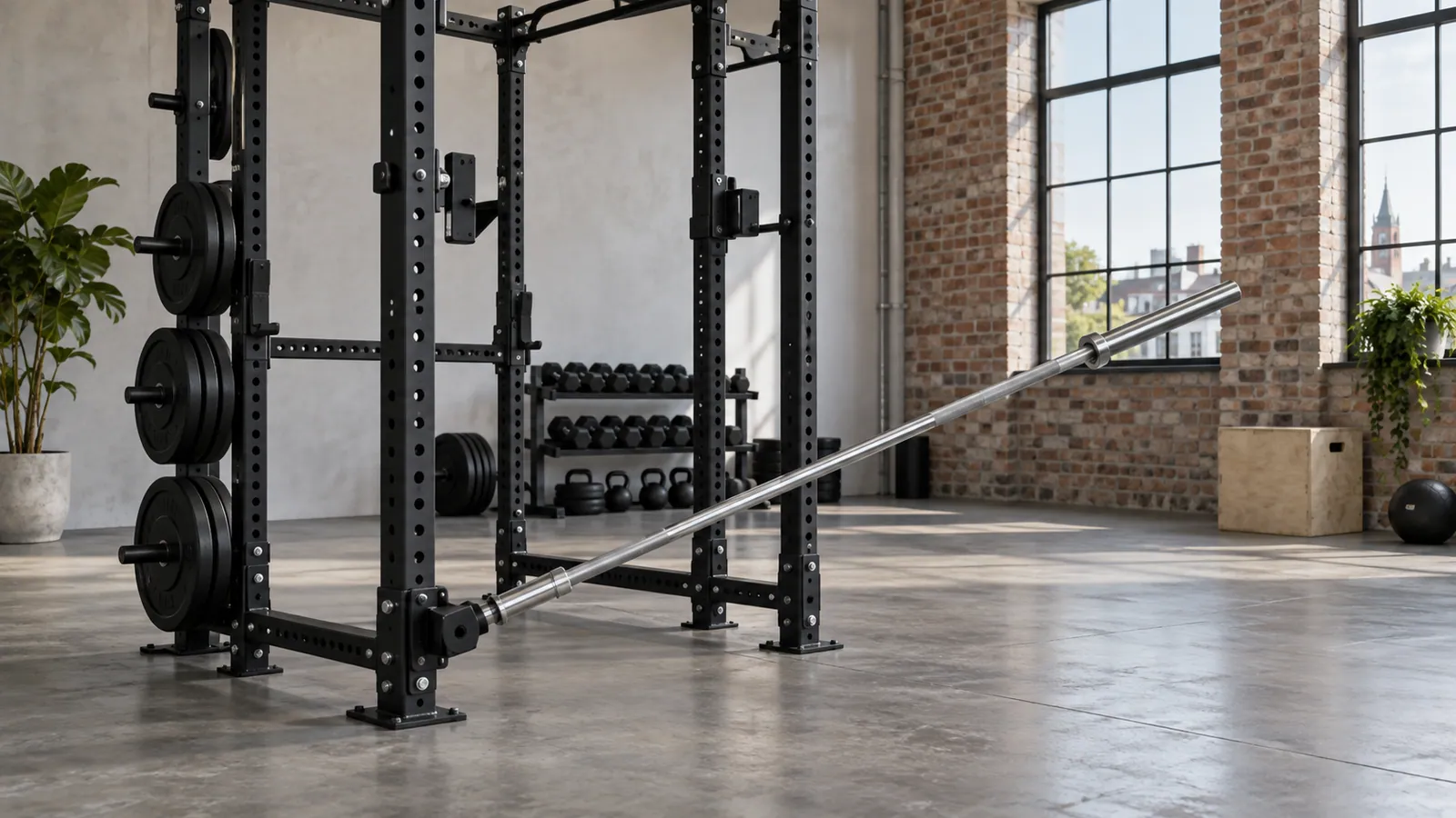 Laag gemonteerde landmine op een multifunctioneel rack met vrije zwenkruimte voor de halter