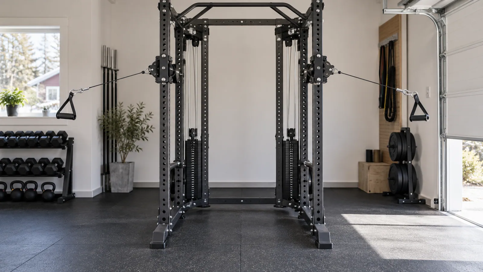 Multifunktionellt rack med två vridbara kabeltrissor och fri yta för cable fly