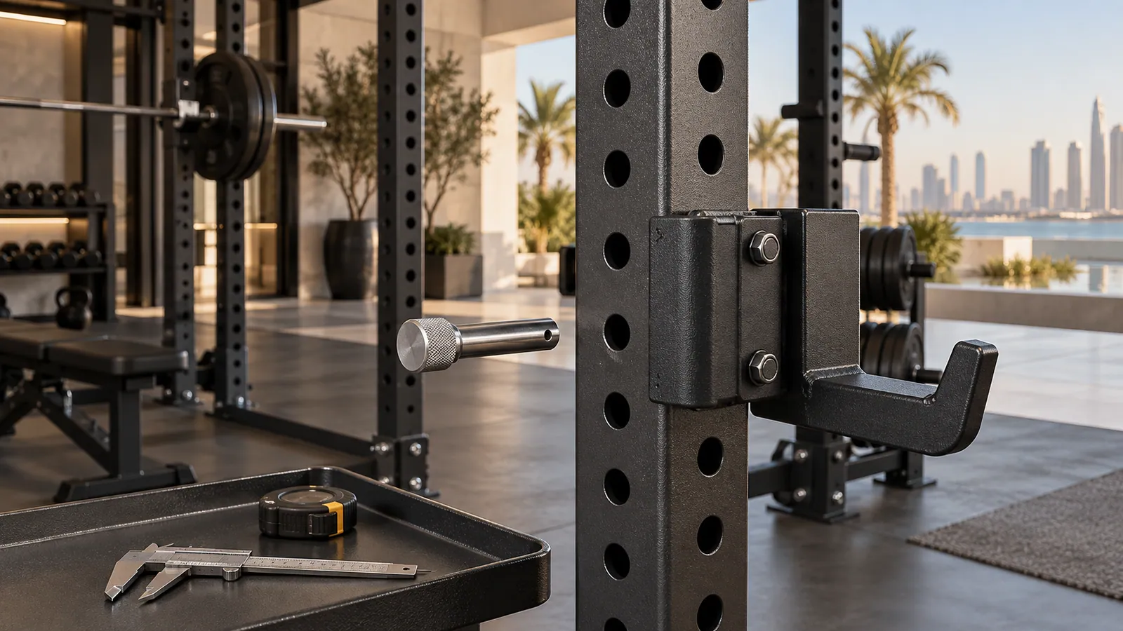 لقطة فنية قريبة لثقوب قائم Power Rack ودبوس الملحق