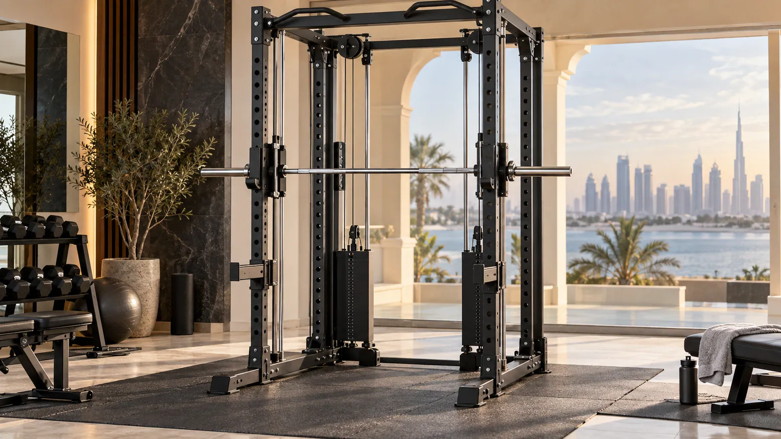 Rack متعدد الوظائف يظهر عربة Smith ومسار كابل الموازن العلوي
