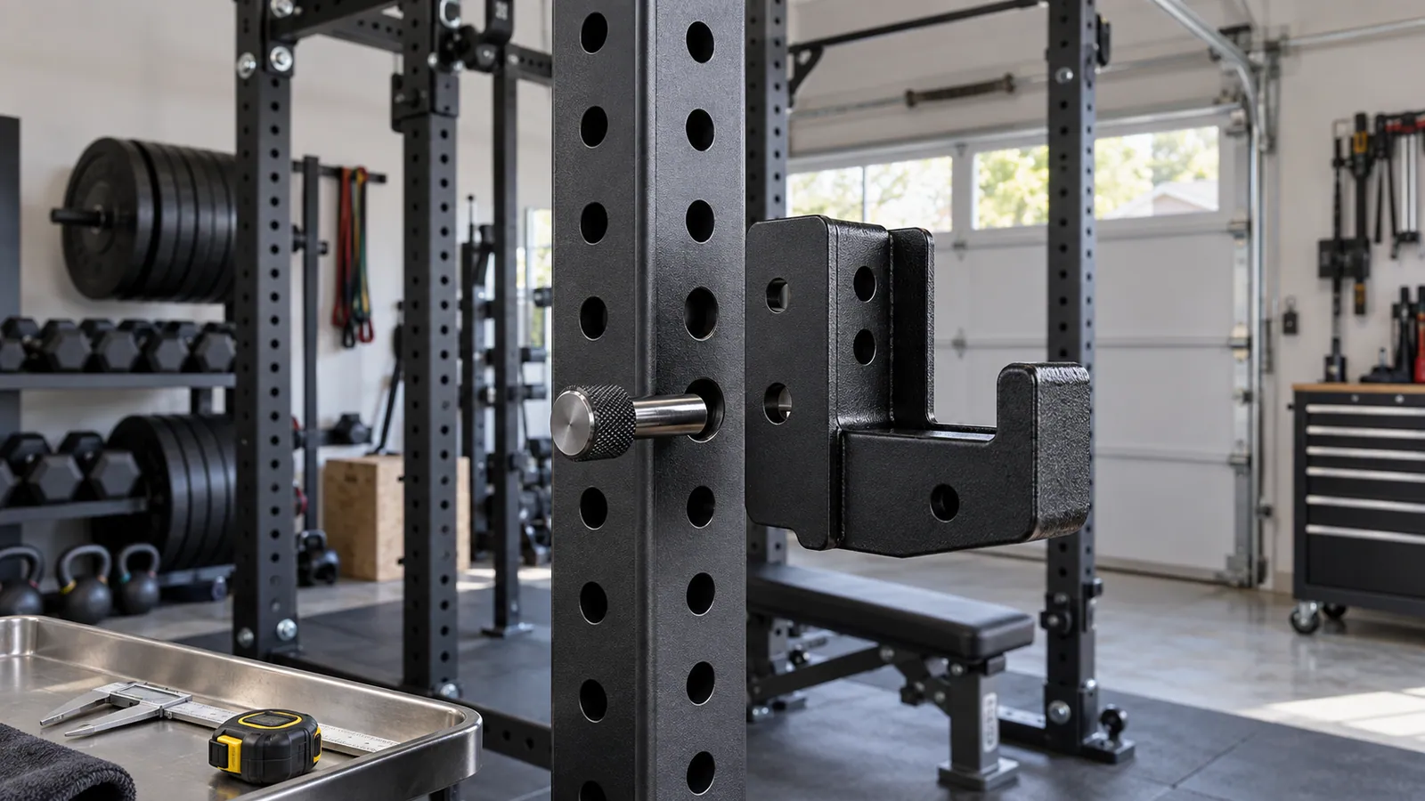 Close technical view of numbered holes and attachment pin on a multifunctional power rack upright