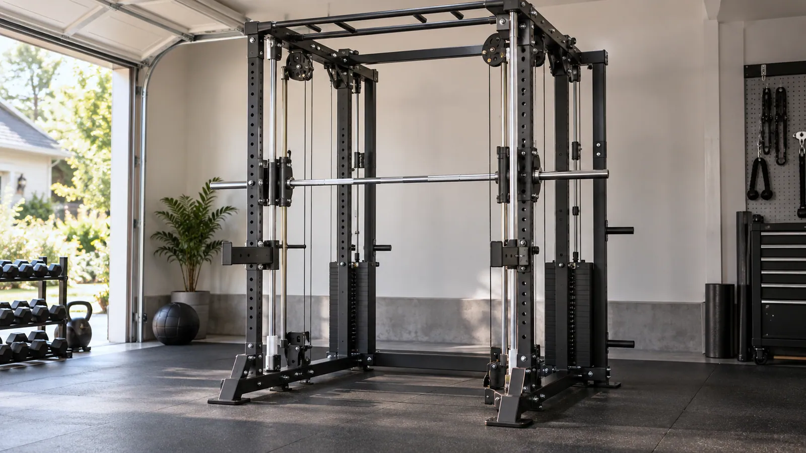 Multifunctional rack showing a Smith bar carriage and overhead counterbalance cable path