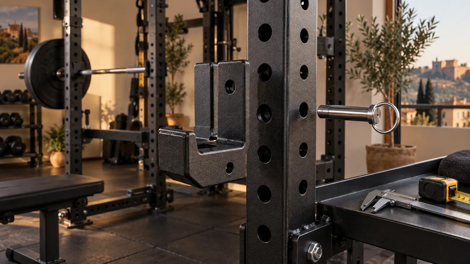 Detalle de agujeros y pasador de accesorio en el montante de un power rack
