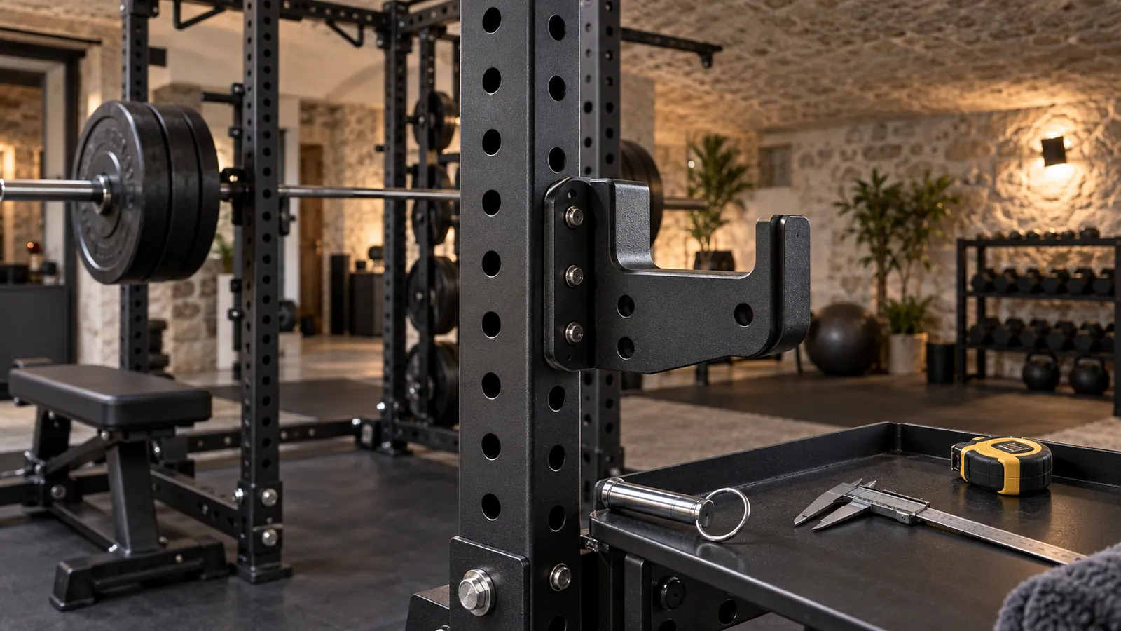 Gros plan sur les trous et la broche d’accessoire d’un montant de power rack