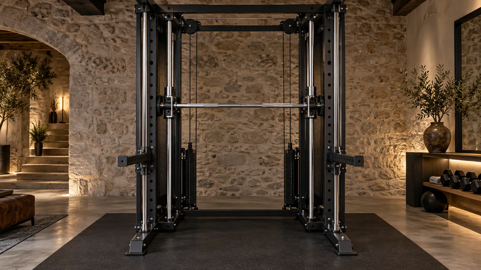 Rack multifonction avec chariot Smith et trajet visible du câble de contrepoids