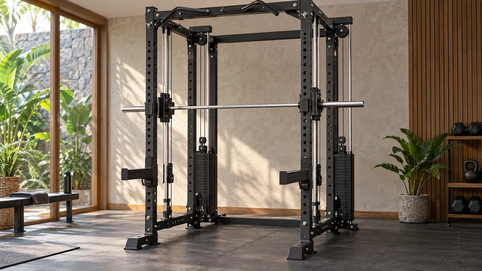 Rack multifungsi dengan carriage Smith dan jalur kabel counterweight terlihat