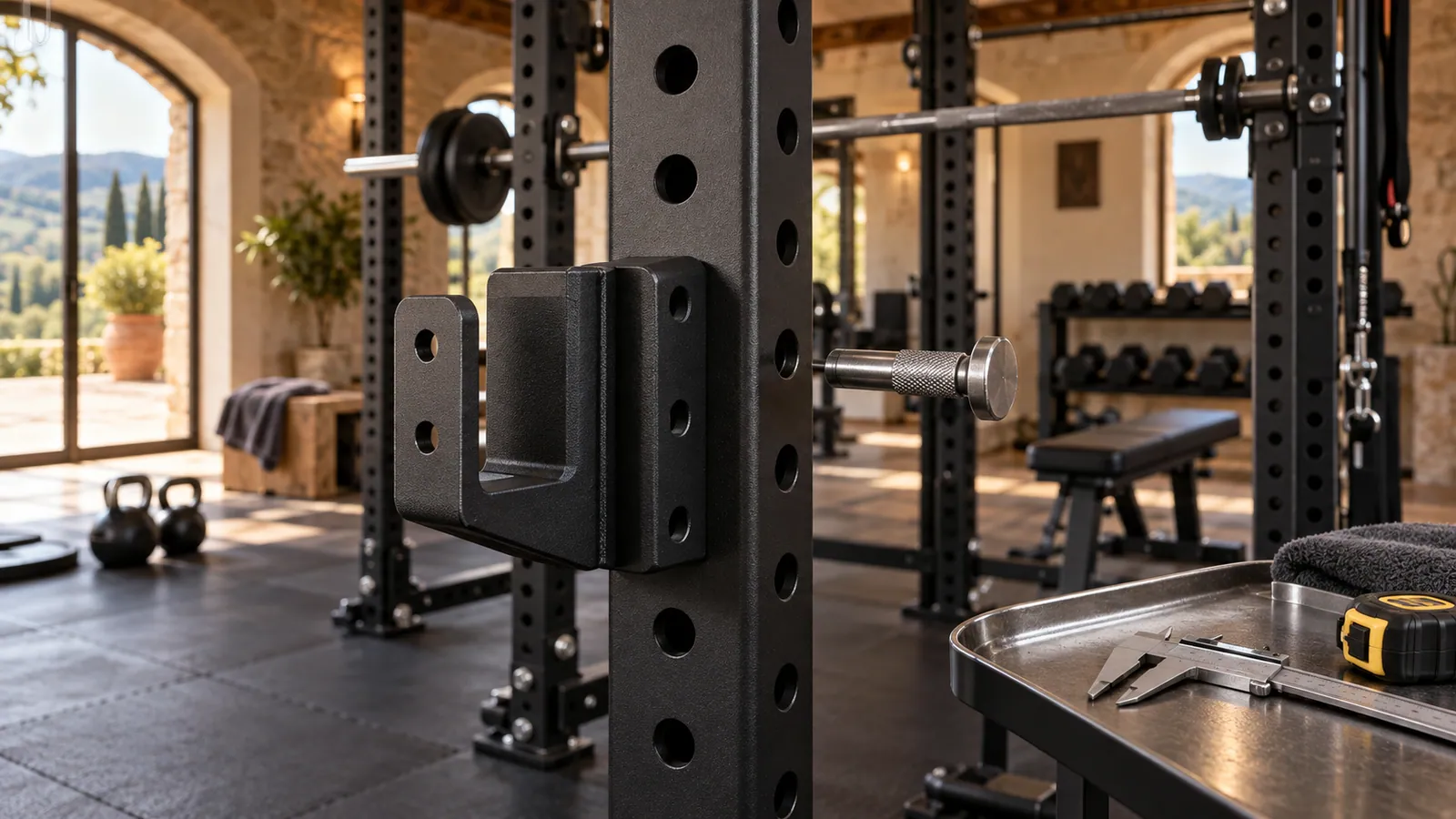 Dettaglio tecnico dei fori e del perno accessorio sul power rack