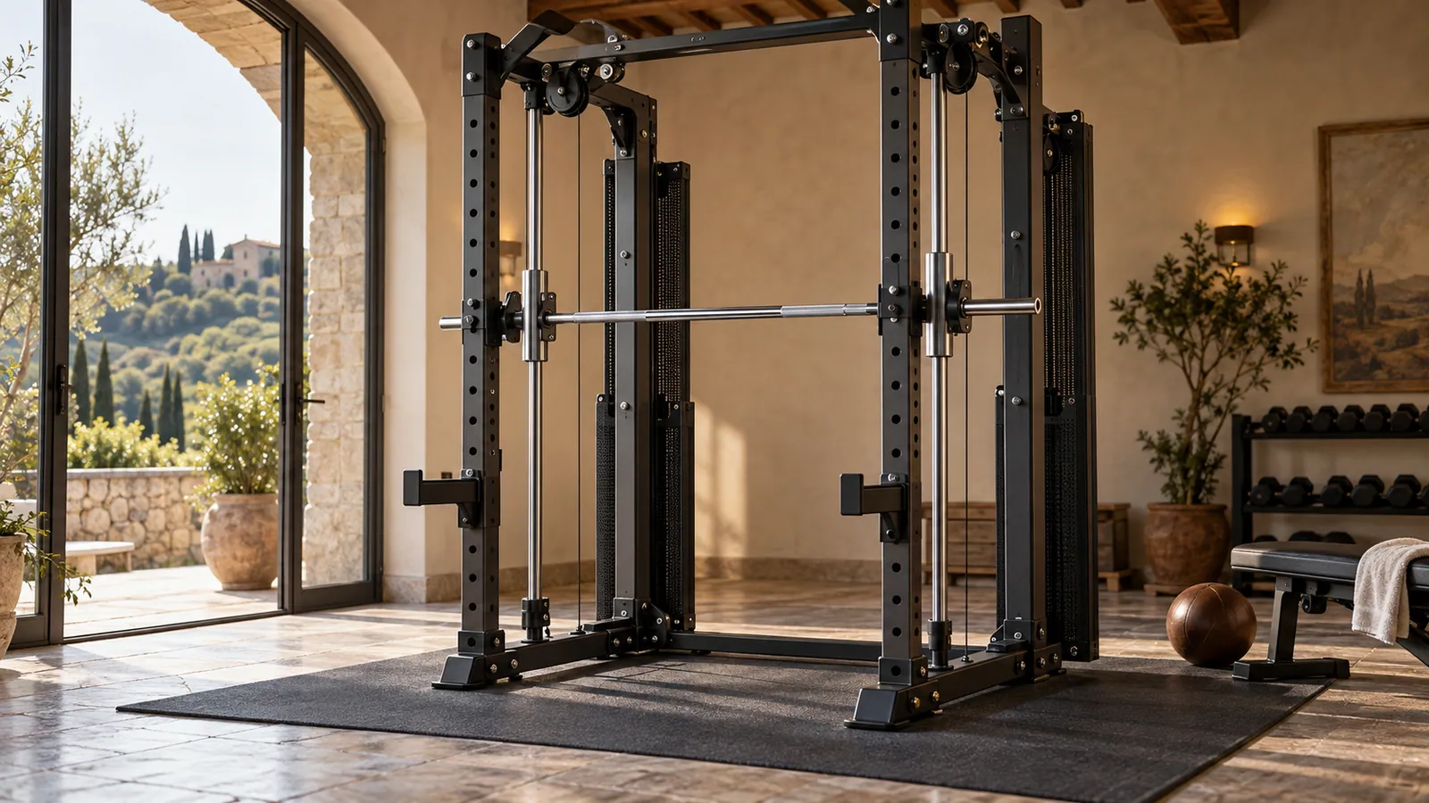 Rack multifunzione con carrello Smith e percorso visibile del cavo di contrappeso