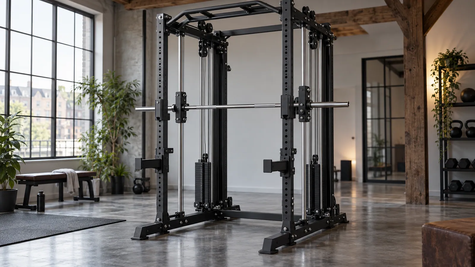 Multifunctioneel rack met Smith-slede en zichtbaar kabeltraject van het contragewicht