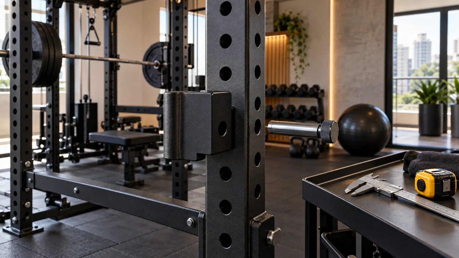 Detalhe dos furos e pino de acessório no montante de um power rack