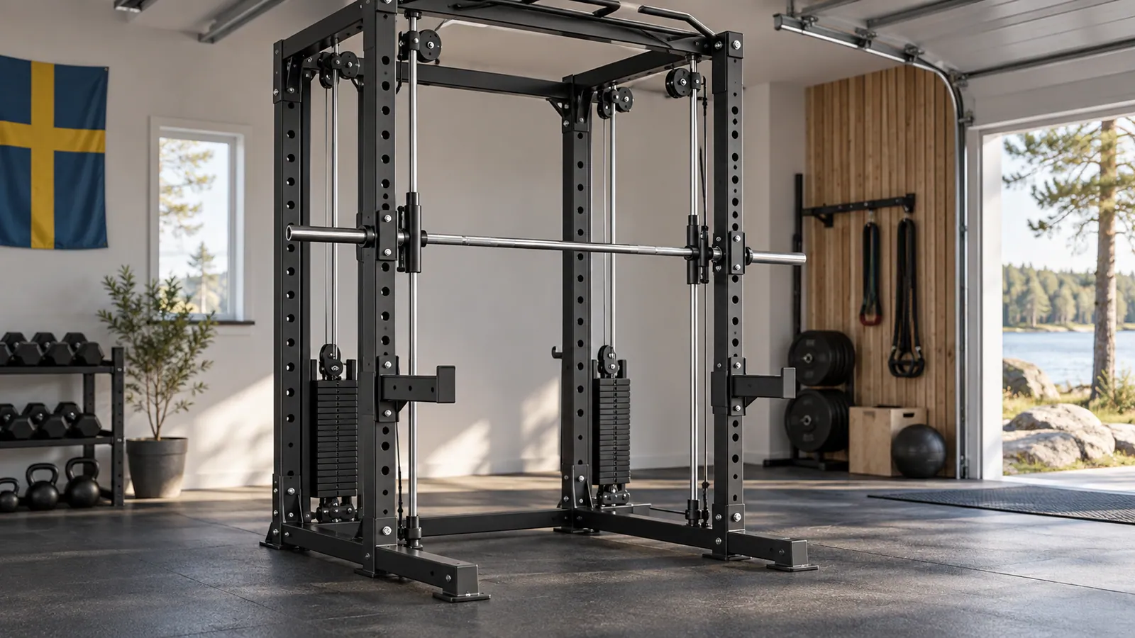 Multifunktionellt rack med Smith-vagn och synlig kabelväg till motvikten