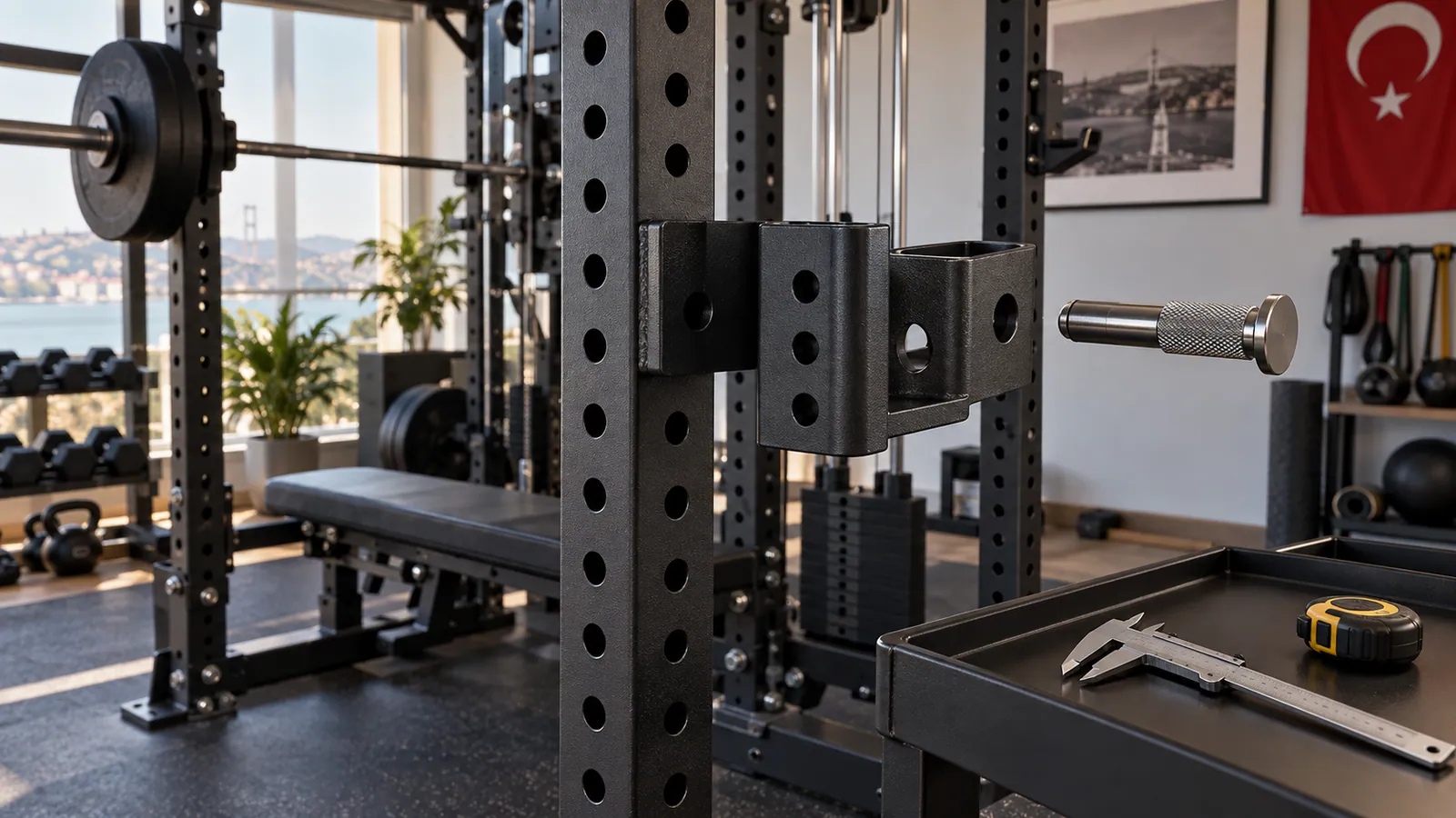 Power rack dikmesindeki delikler ve aksesuar piminin teknik yakın görünümü