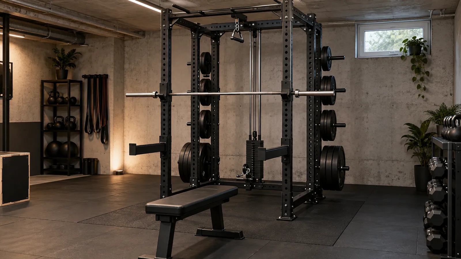 Power Rack mit symmetrisch beladenen hinteren Scheibenhaltern und freiem Arbeitsbereich