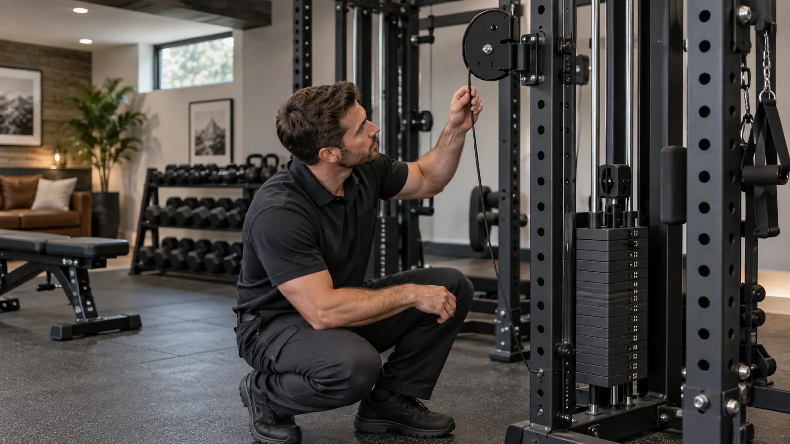 Technician inspecting cable coating and pulley tracking on an all-in-one training rack