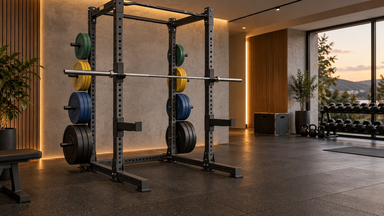All-in-one power rack with evenly loaded rear plate storage horns and clear working area