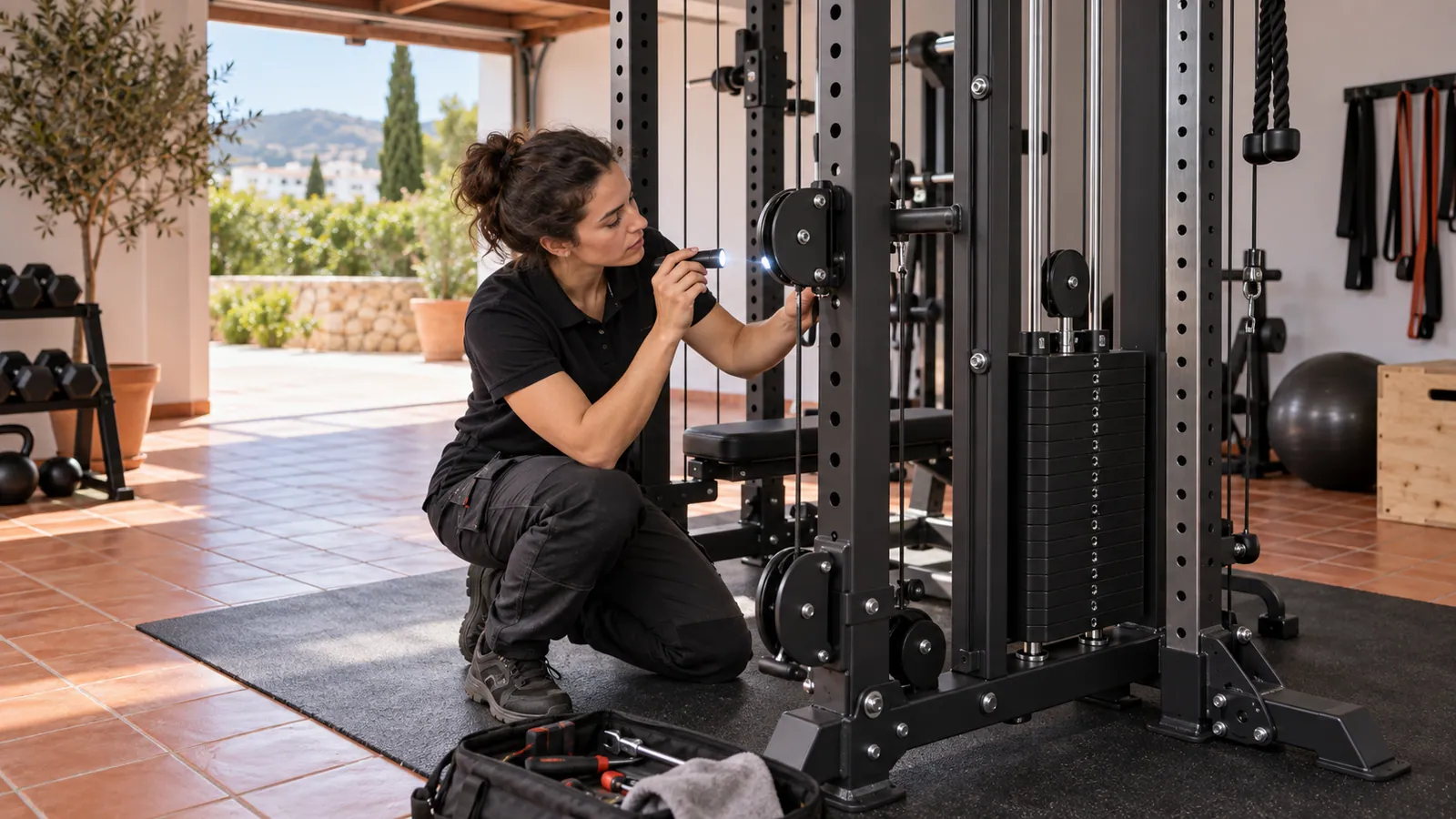 Técnico revisando la funda y la alineación del cable en un rack multifunción
