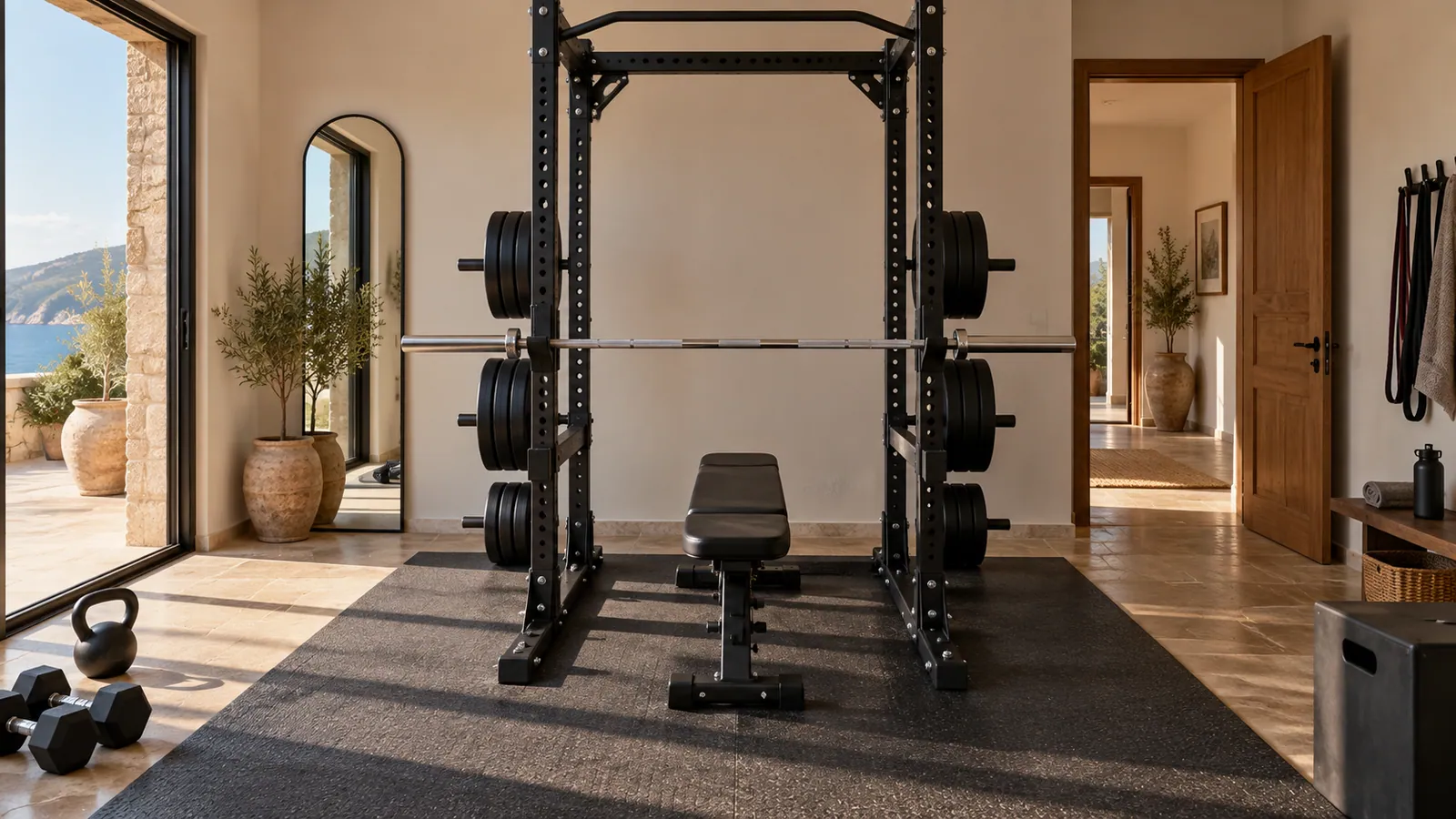 Power rack con discos equilibrados en soportes traseros y zona de trabajo libre