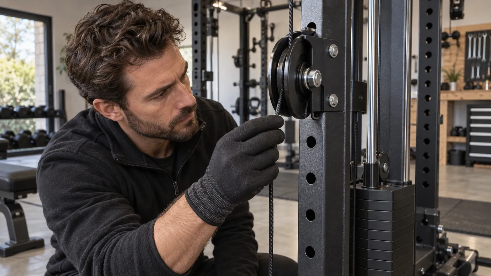 Contrôle du câble et de l’alignement d’une poulie sur un rack multifonction