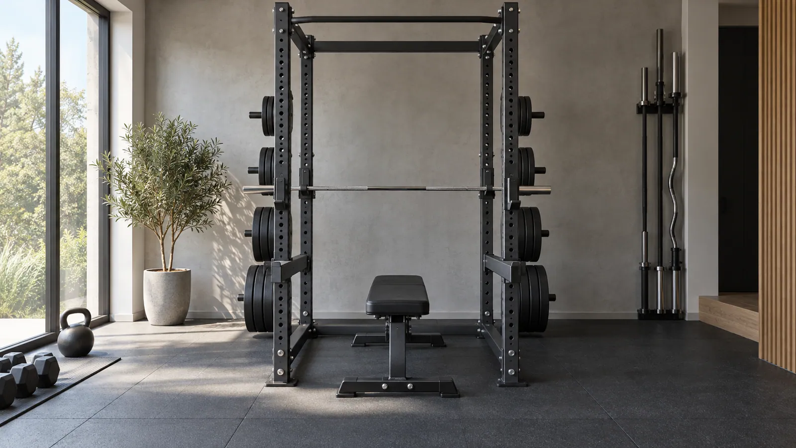 Power rack chargé symétriquement sur des supports arrière avec zone de travail dégagée
